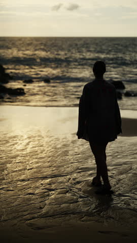 Silhouette of a person walking along the tranquil shore during sunset, with the golden reflections of sunlight casting shadows across wet sand and gentle ocean waves.