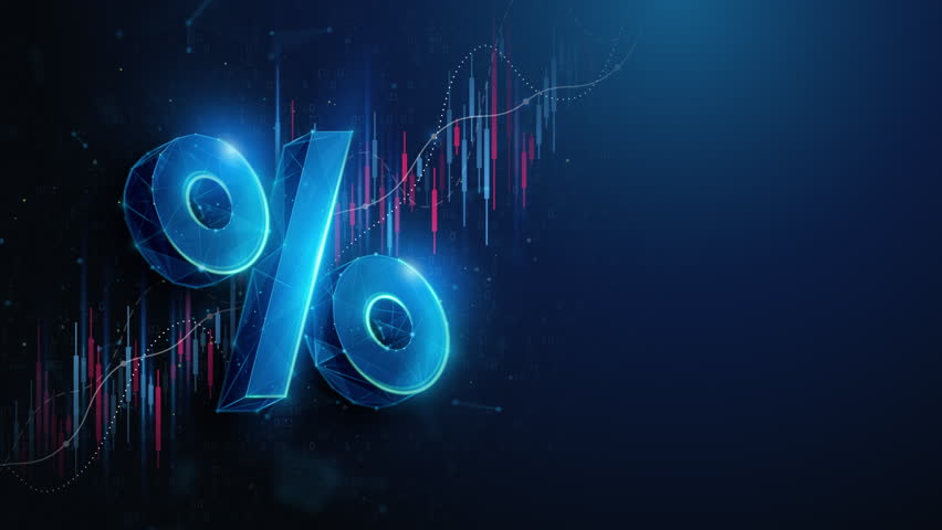 Lowpoly Percent Over Growing Stock Market Chart Animation Loop. An animated concept depicting economic growth, rising investment, and increasing interest rates in wireframe mesh style with copy space