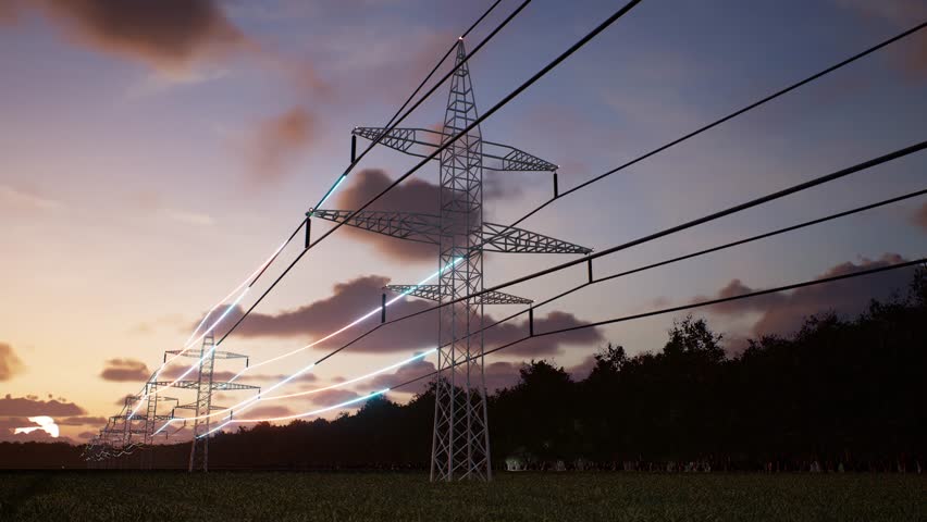 Dynamic Power Transmission: Glowing Electricity Flows Across Pylons from Day to Night. Modern Energy Grid, Future Technology, Digital Network.