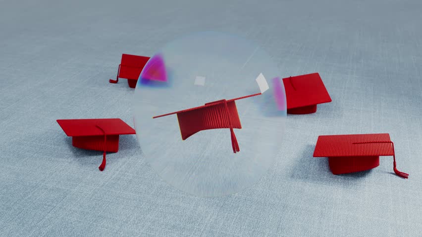 Red graduation caps floating near transparent bubble on blue background.