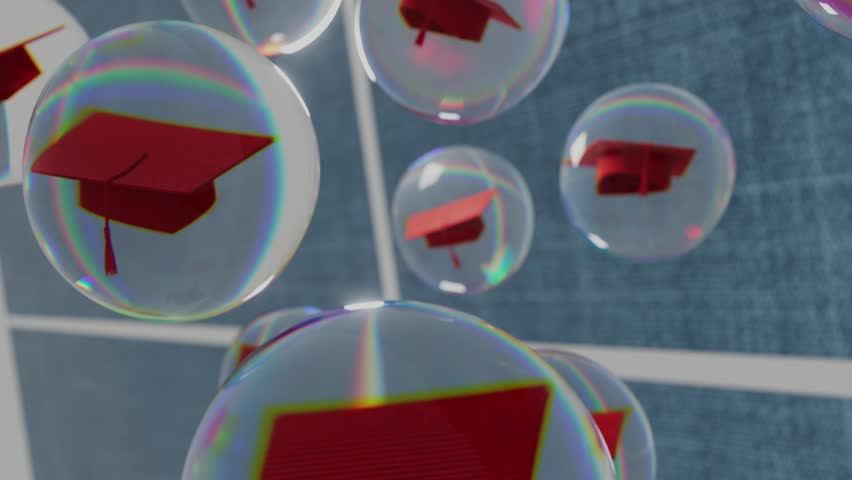 Red caps floating in clear bubbles against blue background