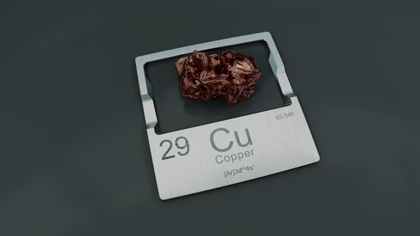 Copper piece displayed on metal plate with element data