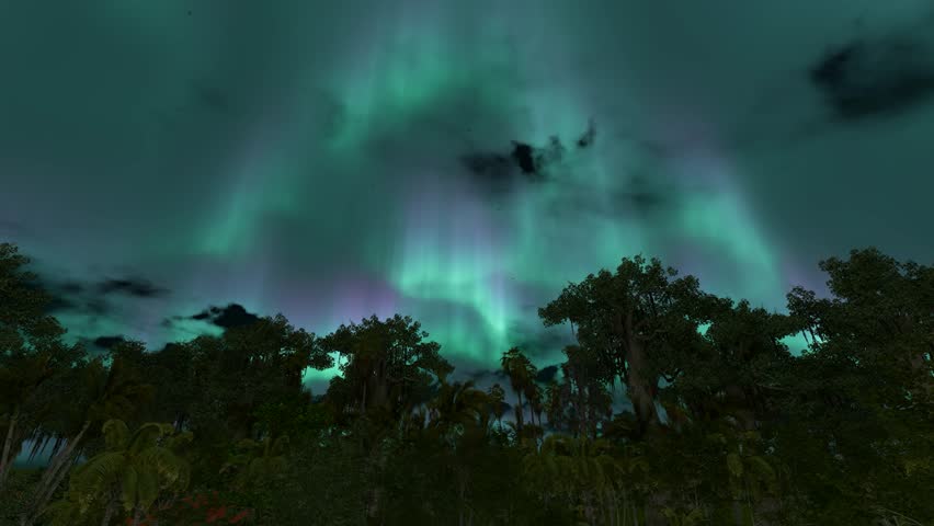 Aurora below forest Nature sky north 4k. 3D Illustration