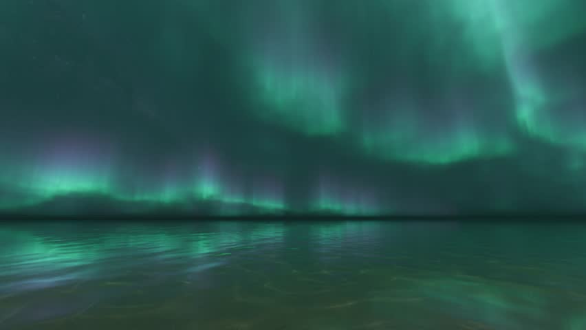 Aurora lights below sea north sky ocean 4k. 3D Illustration