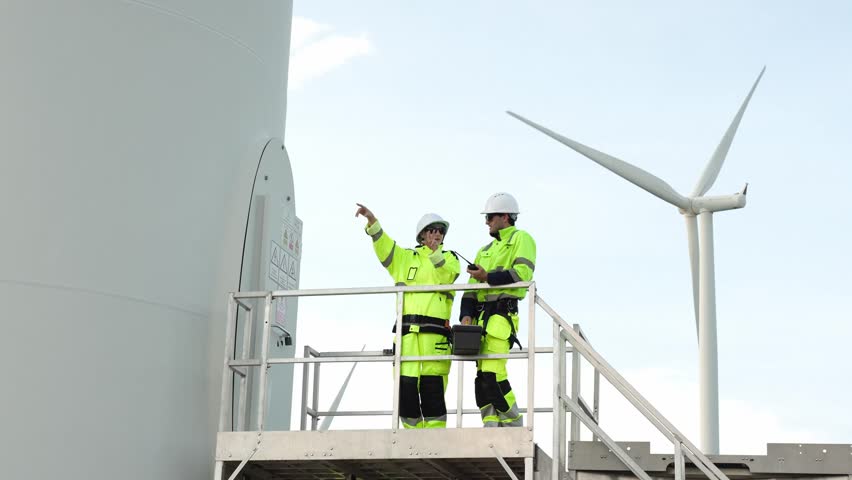 Technician Team Working Outdoors With Environmental Engineers at Wind Turbine Site, Focusing on Clean Energy Solutions and Renewable Energy Research