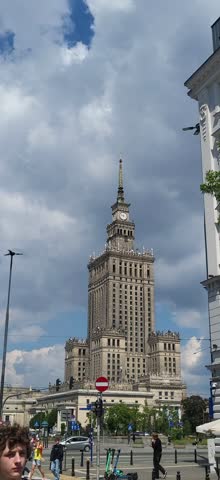 Palace of Culture and Science in Warsaw. Street view in the business center with palace of culture and modern towers in Warsaw, Poland