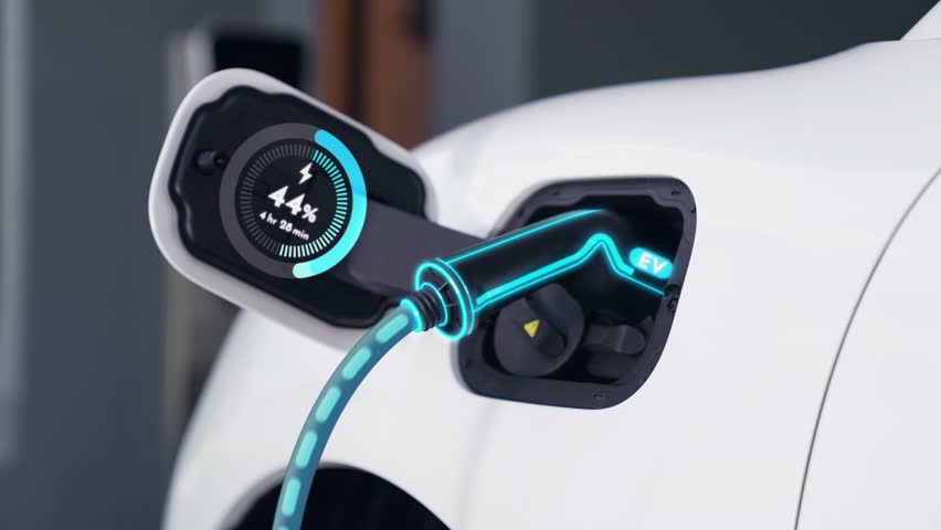 Man recharge his electric car with EV charger from smart home charging station display futuristic digital battery status hologram. EV car and home energy infrastructure for sustainable power. Peruse