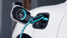 Man recharge his electric car with EV charger from smart home charging station display futuristic digital battery status hologram. EV car and home energy infrastructure for sustainable power. Peruse - Powered by Shutterstock - Get 15% off with code: PIKWIZARD15