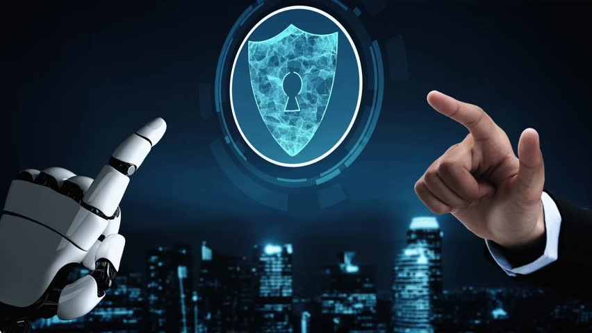 Futuristic robot artificial intelligence enlightening AI technology development and machine learning concept. Global robotic RPA science research for future of human life. 3D rendering graphic.