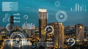 Business data analytic interface fly over smart city showing alteration future of business intelligence. Computer software and artificial intelligence are used to analyze big data for strategic plan . - Powered by Shutterstock - Get 15% off with code: PIKWIZARD15