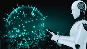Robot hominoid use mobile phone or tablet for global network connection using AI thinking brain , artificial intelligence and machine learning process for 4th industrial revolution . 3D rendering. - Powered by Shutterstock - Get 15% off with code: PIKWIZARD15