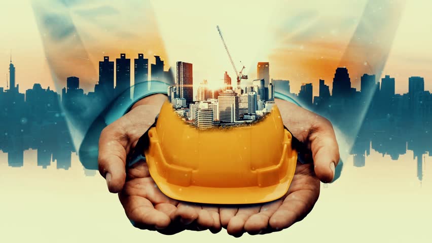 Future building construction and inventive engineering project concept with HUD hologram graphic design. Building engineer, architect people or construction worker works with modern civil technology.