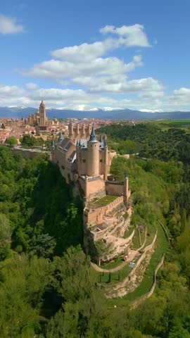 Cinematic Drone Shot of the Alcázar de Segovia and Its Towering Turrets