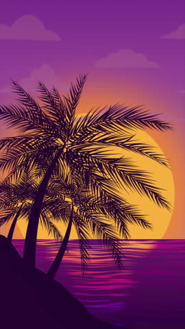 Seascape with palm trees at sunset on a seamless loop