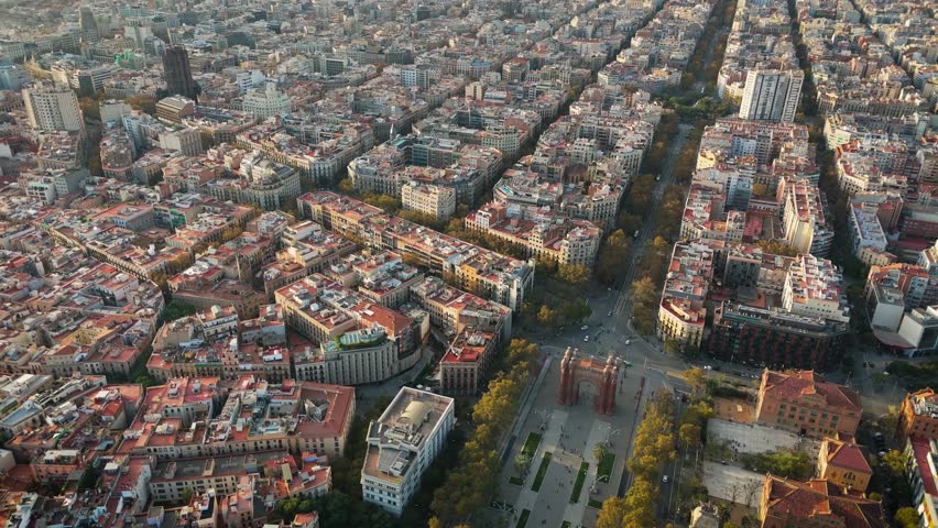 Aerial view of Barcelona Urban Skyline and The Arc de Triomf or Arco de Triunfo in spanish, a triumphal arch in the city of Barcelona, Catalonia, High quality 4k footage