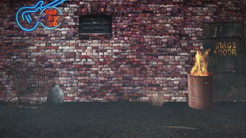 Black Cat Walking Through Dark Alley 4K Loop features a large black cat walking or stalking through a dark alley with a brick wall in back and debris laying around in a loop.