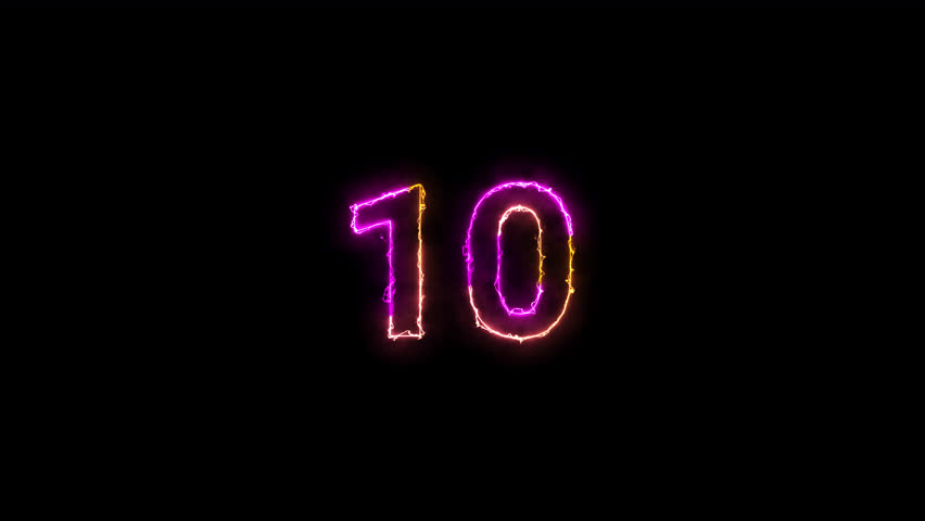 neon electric 10 seconds countdown animation on black background, neon colorful 10 seconds countdown timer animated.
