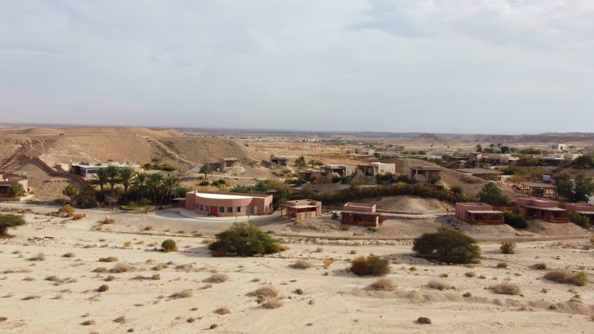 Drone shot of Tzukim community settlement, hotels and guest houses in southern Israel in Arava valley