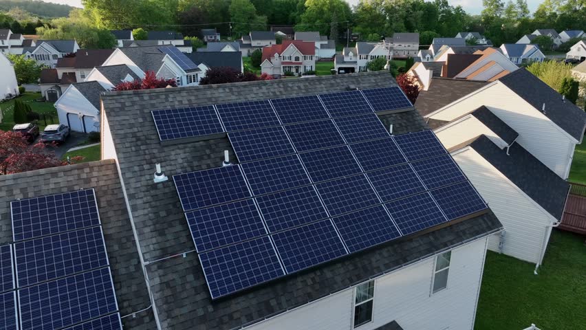 Sun reflection over solar panels of houses and homes in upper class housing area. Aerial view. Green trees in springtime. Wide shot. Production of green energy theme.