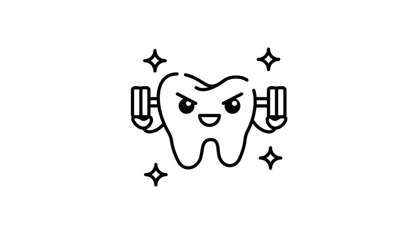 line art animation of Tooth symbol lifting weights, smiling. Dental, motivational, fitness concepts. Ideal for health blogs, gym promotions, and inspirational materials.