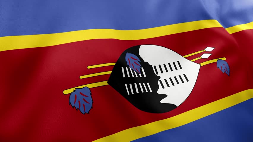 Realistic waving flag of Eswatini, Swaziland, stripes, shield, spears, staff. Southern African kingdom symbol, Mbabane, Lobamba, patriotism