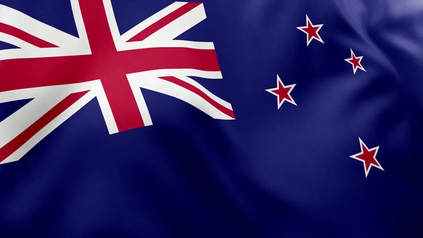 Realistic waving flag of New Zealand, blue ensign, Union Jack, Southern Cross stars. Oceanian nation symbol, Wellington, patriotism, New Zealand