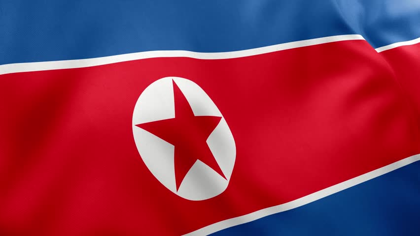 Realistic waving flag of North Korea, blue, white, red stripes, red star in white disc. East Asian nation symbol, Pyongyang, DPRK, North Korea