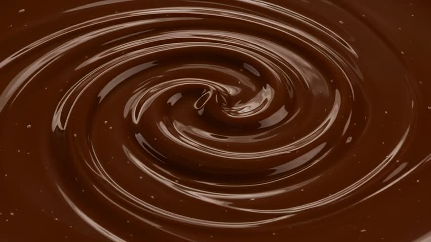A close-up 3D-rendered image of rich, melted chocolate forming a smooth swirl. The glossy texture and deep cocoa color create a luxurious and appetizing look. Perfect for branding, dessert packaging, 