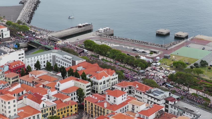 Aerial View Of Allegoric Parade During Flower Festival In Funchal, Madeira, Portugal.