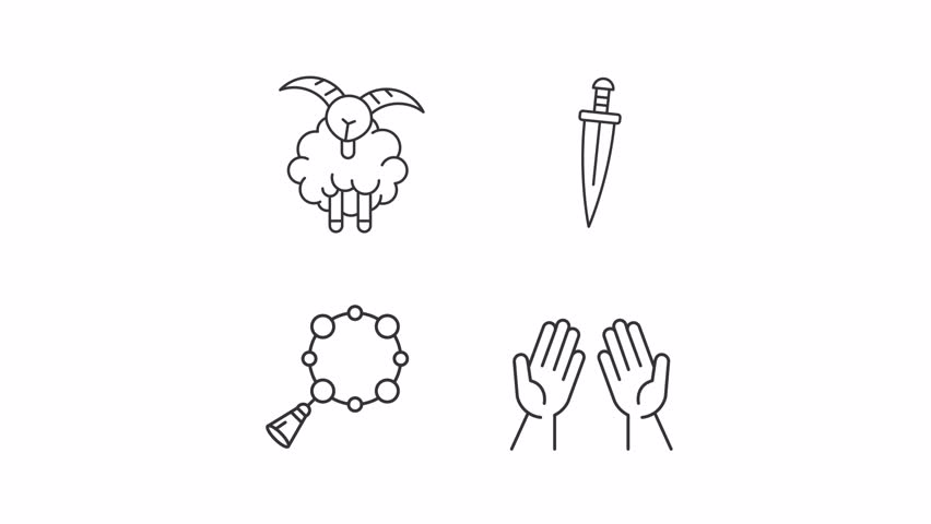 Ramadan line animation set. Arabic holiday animated icons. Praying hands, crucifix necklace. Cultural animal, traditions. Outline elements on white background. HD video with alpha channel