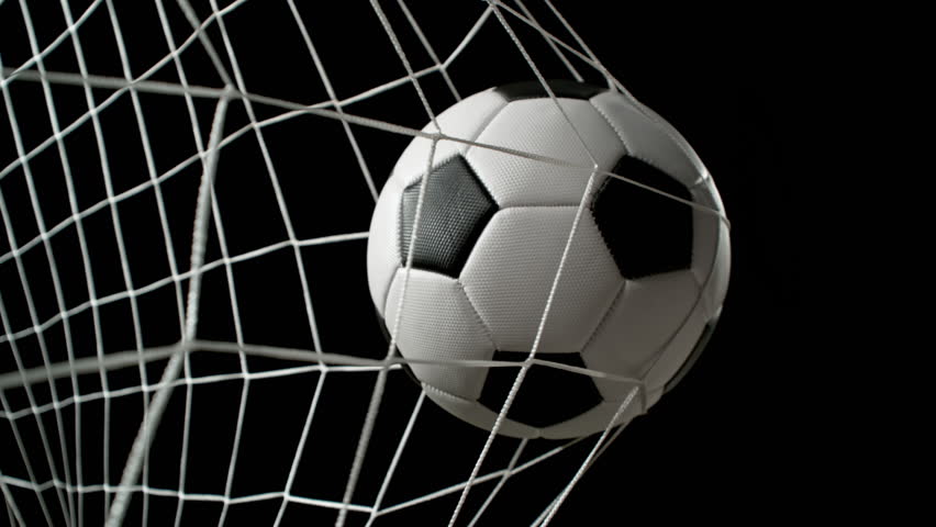 Super Slow Motion Soccer Ball Hitting Goal Net Isolated on Black Background, 1000fps.