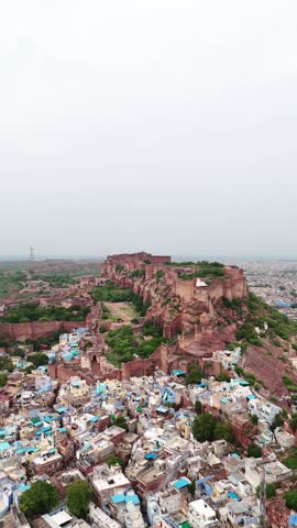 Serene drone vertical orbit of Mehrangarh Fort architecture