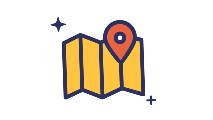 A cartoon style map with a location pin Folded paper a red pin a plus sign looping animation