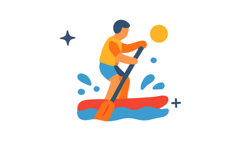 A person paddles in a red canoe with water splashes a sun and a starlike shape in the background looping animation