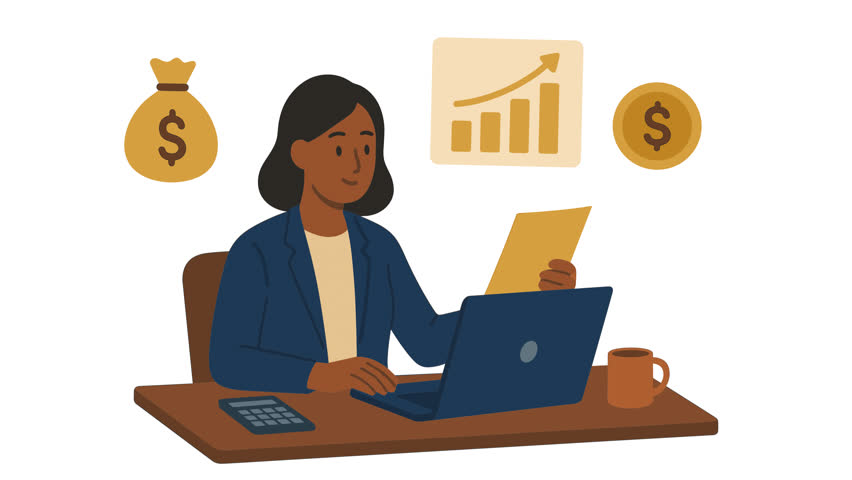 Businesswoman at desk with laptop calculator money bag coin and charts looping animation