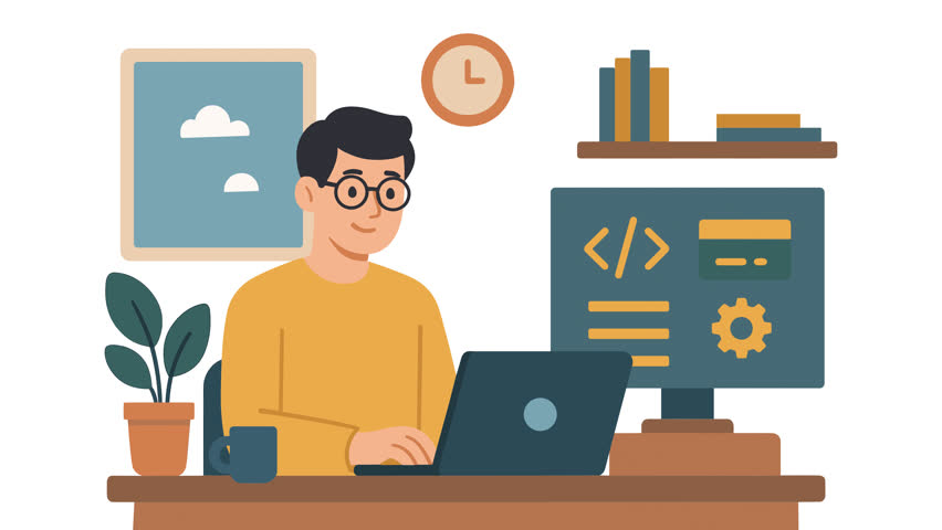 a person with glasses using a laptop at a desk with computer screen and other objects looping animation