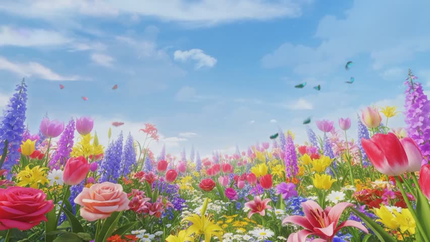 summer background with flowers field and butterflies 