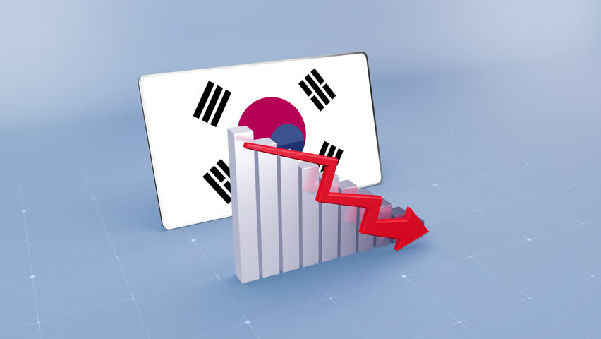 South Korea Country Flag and Bar Chart Graph Decreasing Values Red Downward Arrow Economic Crisis Concept