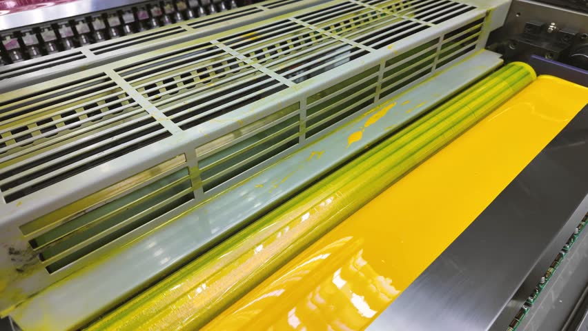 Offset printing press. Lithographic press with yellow ink dispenser.