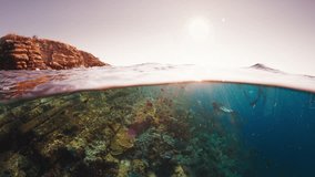 Splitted underwater shot of the shallow coral reef and freedivers swims underwater nearby. Komodo National Park, Indonesia - Powered by Shutterstock - Get 15% off with code: PIKWIZARD15