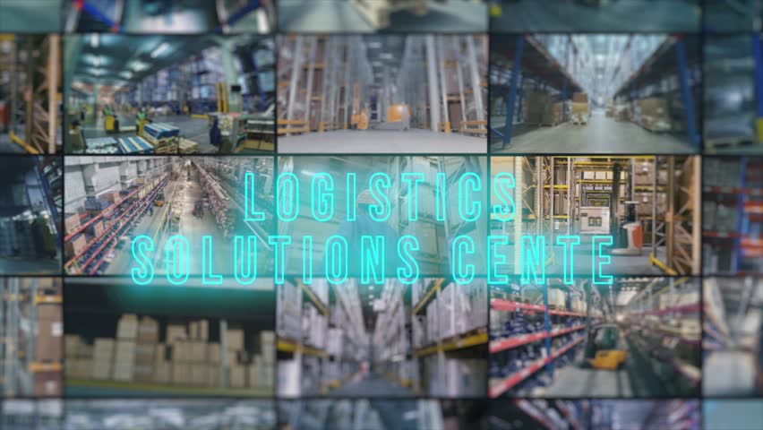 Logistic solution center concept. Logistic solution center opening video. Logistics company Multiscreen. The concept of operating a large multi-level warehouse, inside.