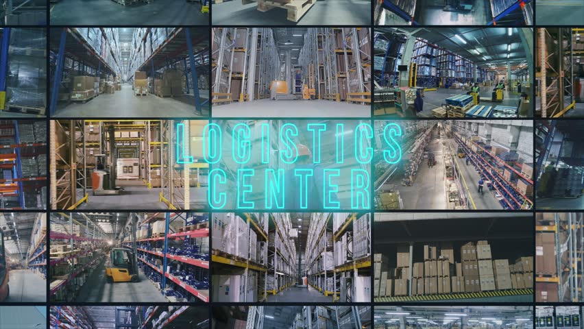 The concept of operating a large multi-level warehouse, inside. Inventory and warehouse management. Warehouse logistics multiscreen, background.