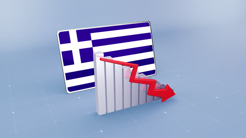 Greece Country Flag and Bar Chart Graph Decreasing Values Red Downward Arrow Economic Crisis Concept