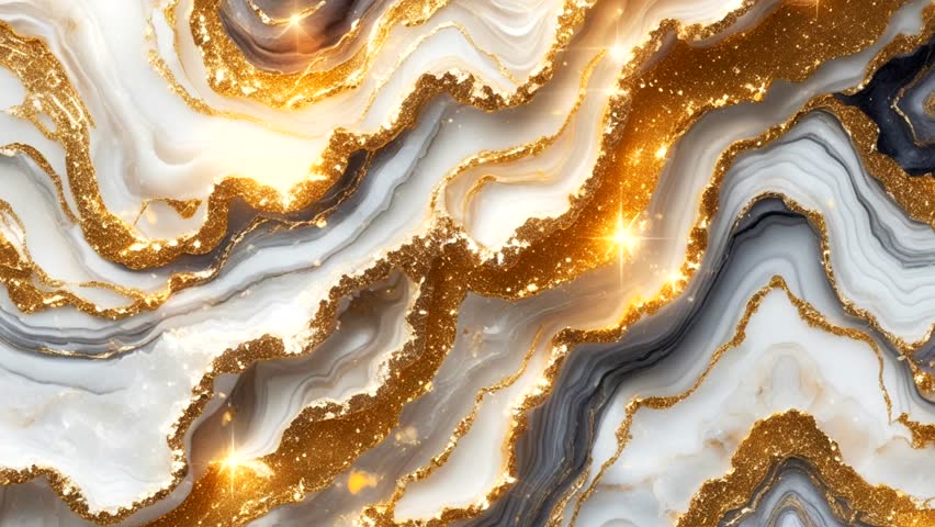 stunning abstract marble texture with a mix of white, gray and shimmering gold.4k background 