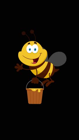Happy Cartoon Bee Flying With Honey Bucket. 4K Animation Vertical 9:16 Video Motion Graphics Without Background