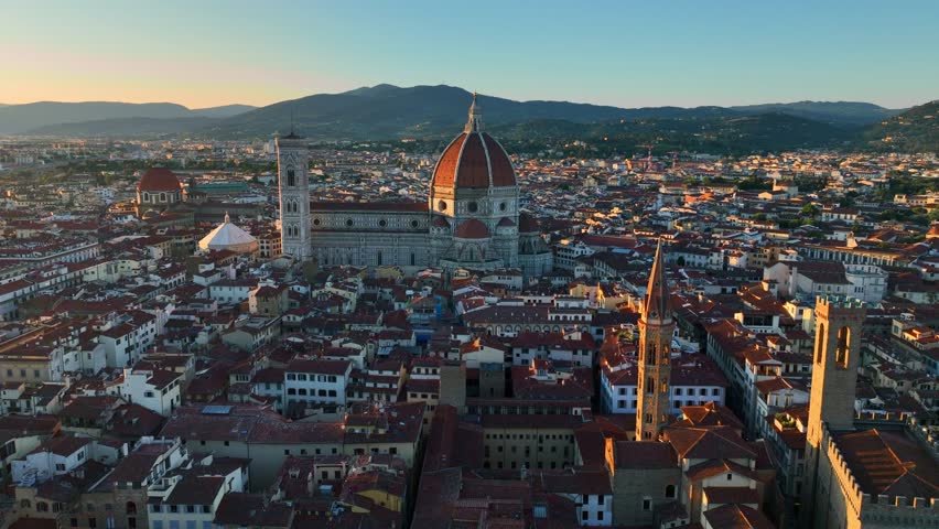 Italian city of Florence, drone shot of capital of Tuscany region in Italy, Duomo Cathedral of Santa Maria del Fiore, famous renaissance Italian landmark