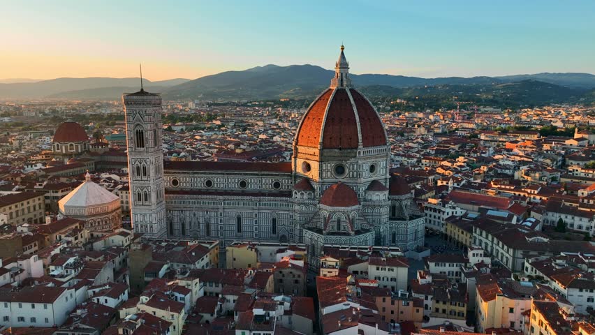 Aerial view of Florence, capital of Tuscany region in Italy, Duomo Cathedral of Santa Maria del Fiore, famous renaissance Italian landmark