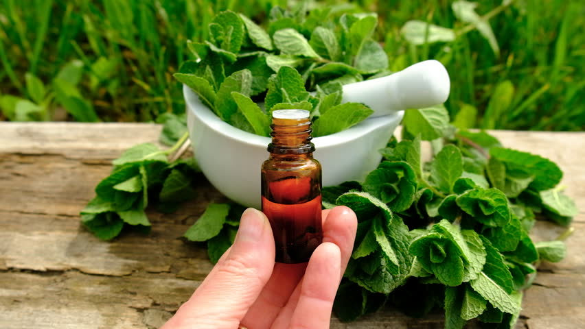 Peppermint extract essential oil and supplements. Selective focus.