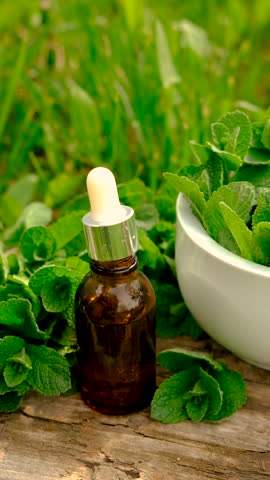 Peppermint extract essential oil and supplements. Selective focus.