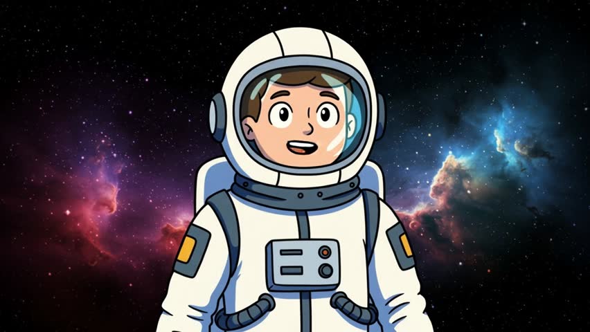 Cartoon Animated 2D Flat Design Illustration, the character of an astronaut in space speaks of explaining something
